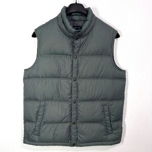 Lands End Mens Goose Down Puffer Vest Olive Large 42-44 Snap Buttons Mock Neck